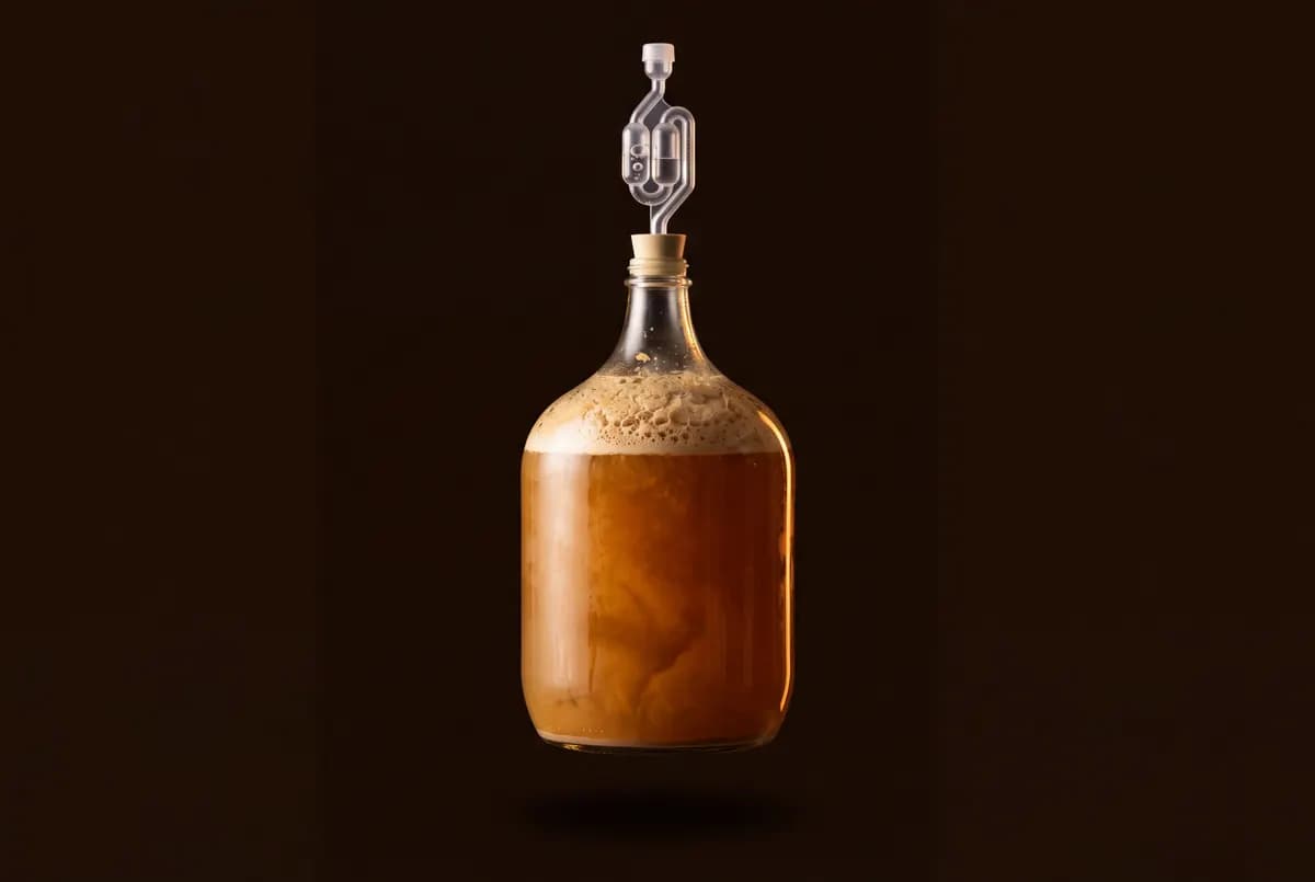 Dame-jeanne en verre remplie de bière trouble en fermentation, fermée par un bouchon et un barboteur.