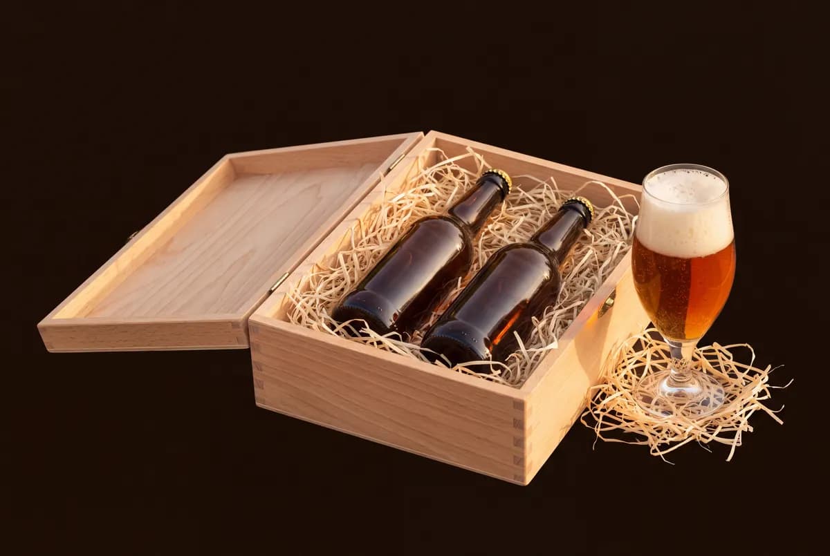 Coffret en bois ouvert contenant deux bouteilles de bière couchées sur de la paille de bois et un verre calice.