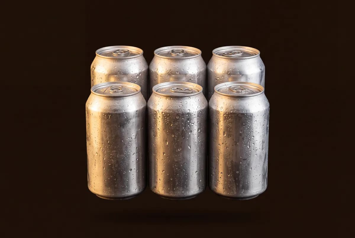 Six canettes de bière en aluminium nu alignées en deux rangs, couvertes de condensation.