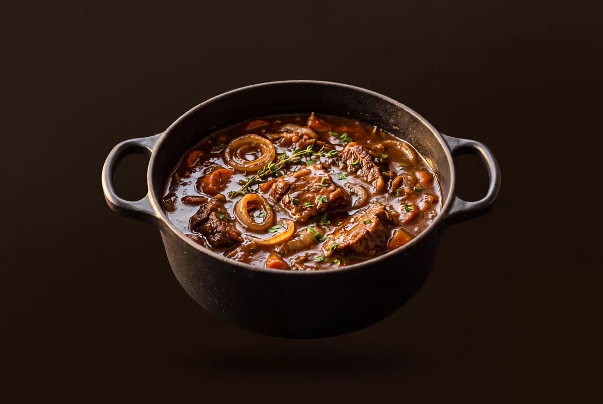 Cocotte en fonte remplie d’un ragout de bœuf à la sauce brune, épaisse et brillante.