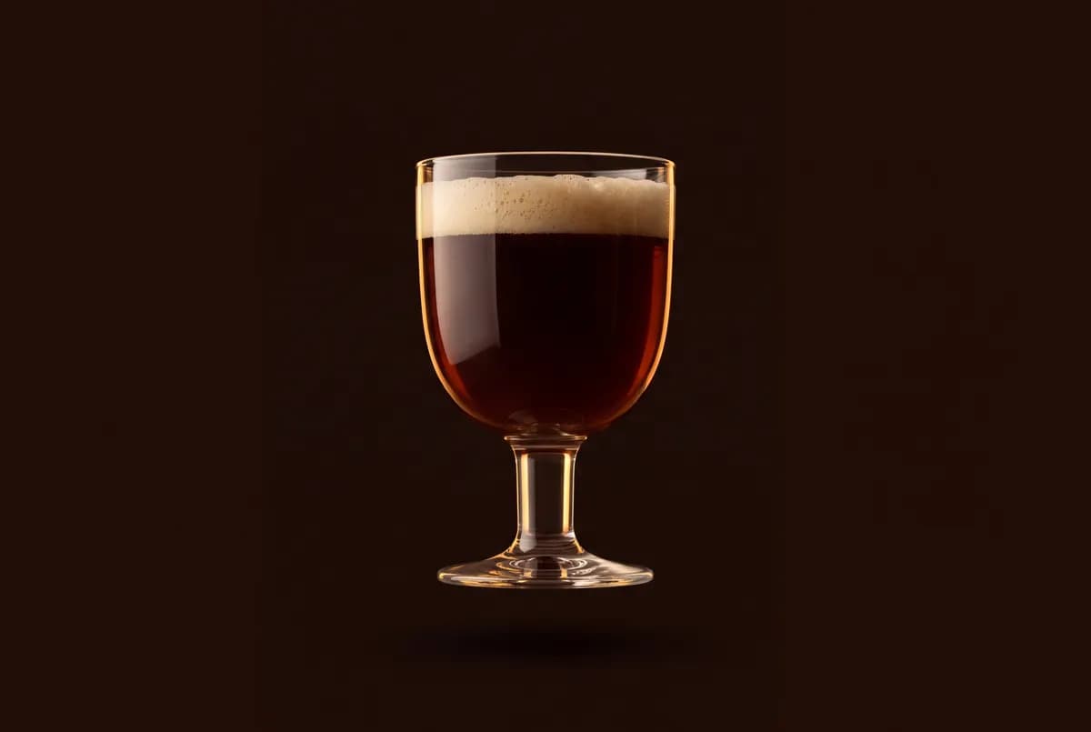 Calice trappiste sur pied court rempli d’une bière rubis.