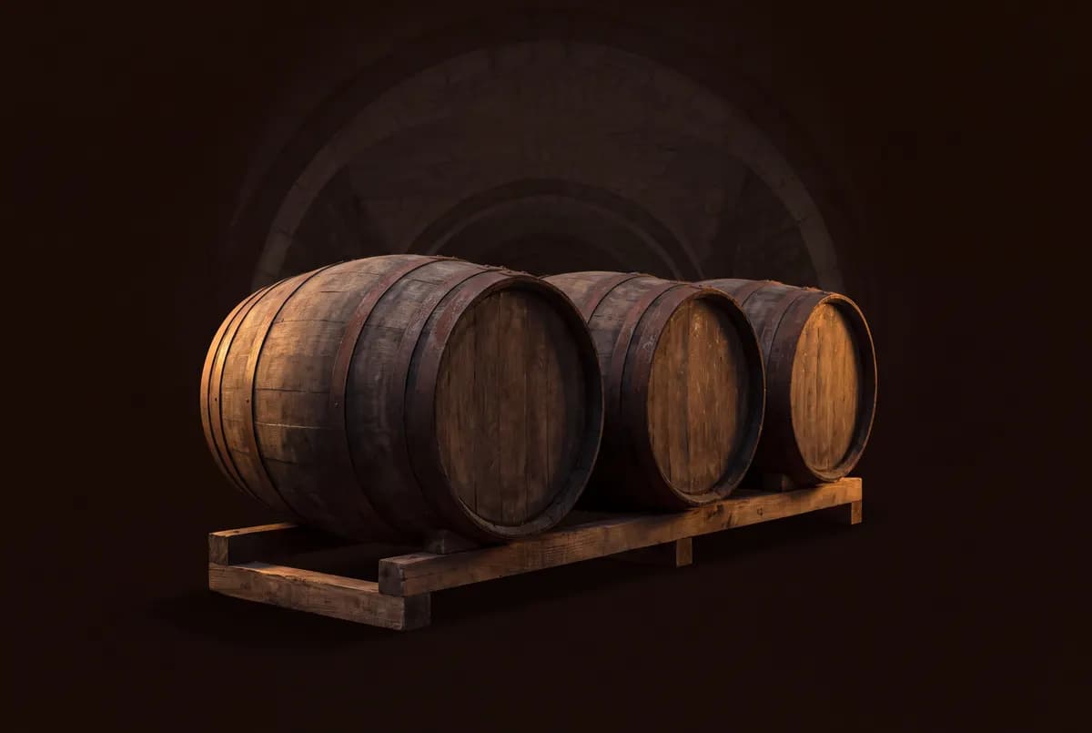 Fûts de bois alignés sous une voûte de cave.