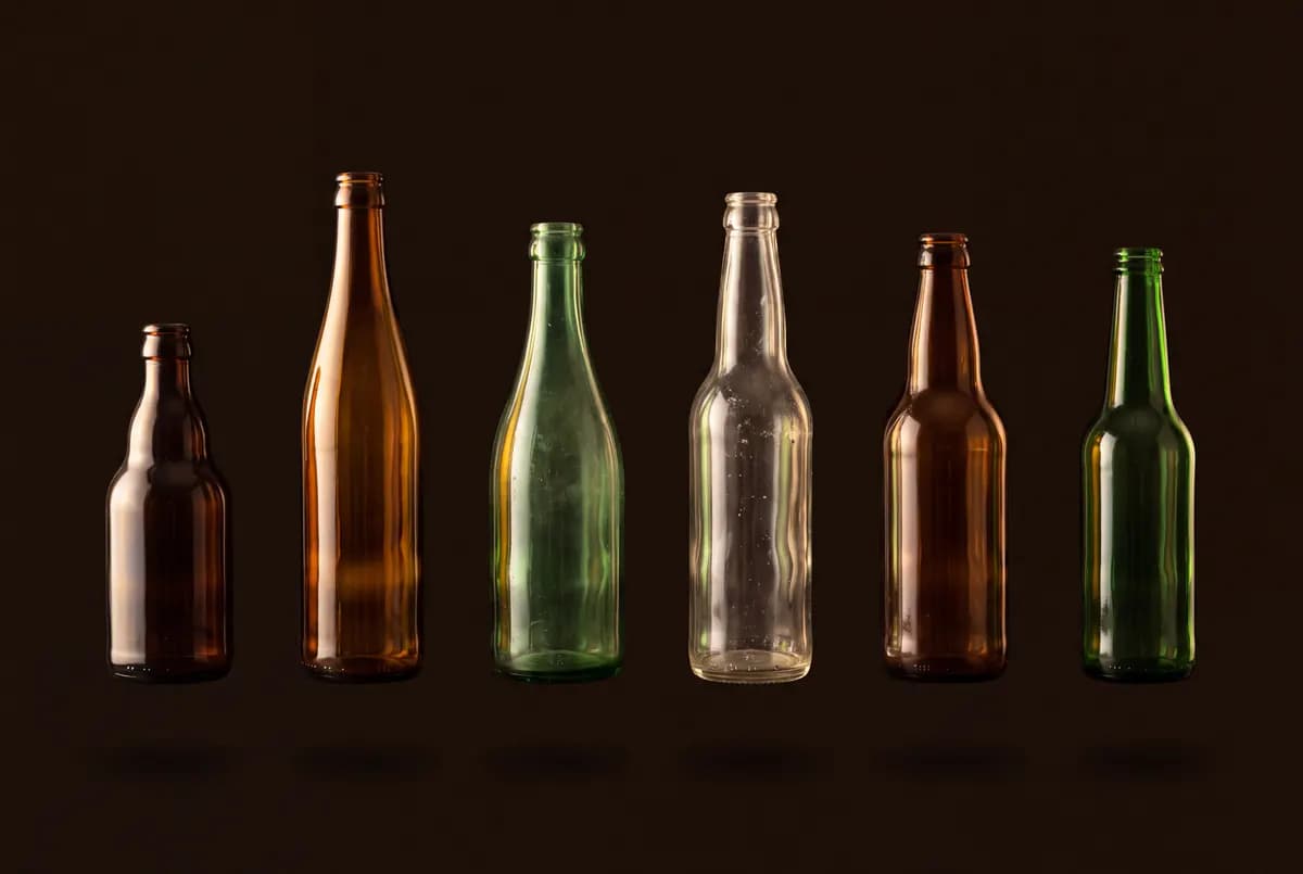 Six bouteilles de bière nues alignées, de formes, de hauteurs et de teintes de verre différentes.