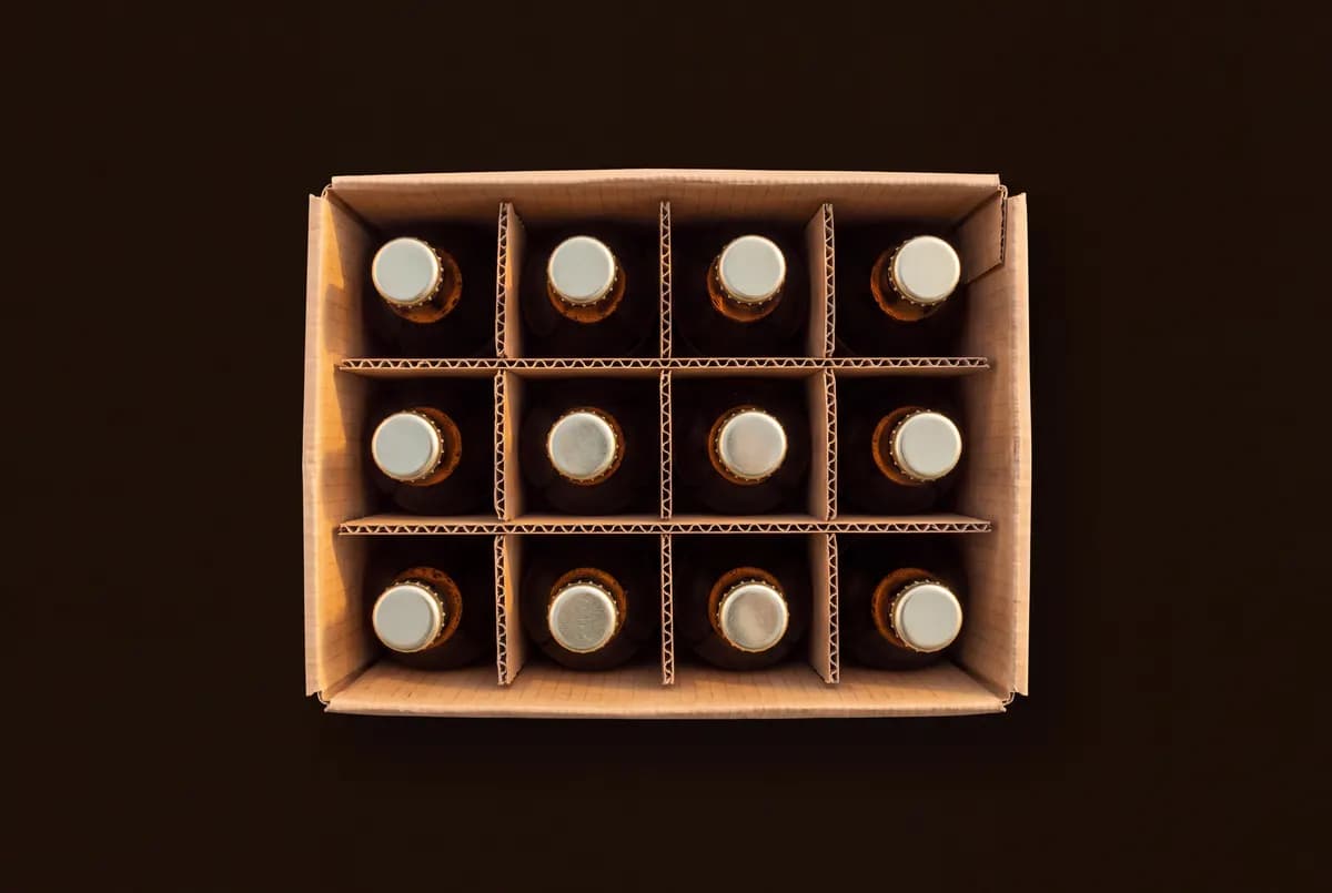 Vue plongeante dans un carton compartimenté où chaque case tient une bouteille vue de dessus.